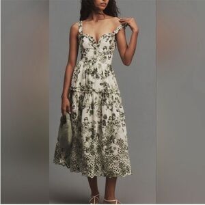 Anthropologie Green and White Floral Midi Dress